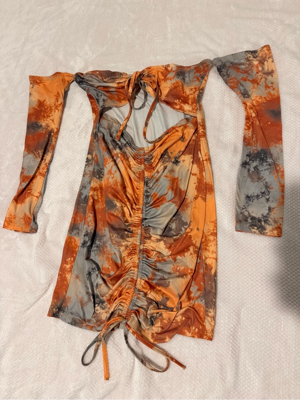 SHEIN Orange & Gray Tie-Dye Ruched Long Sleeve Mini Dress